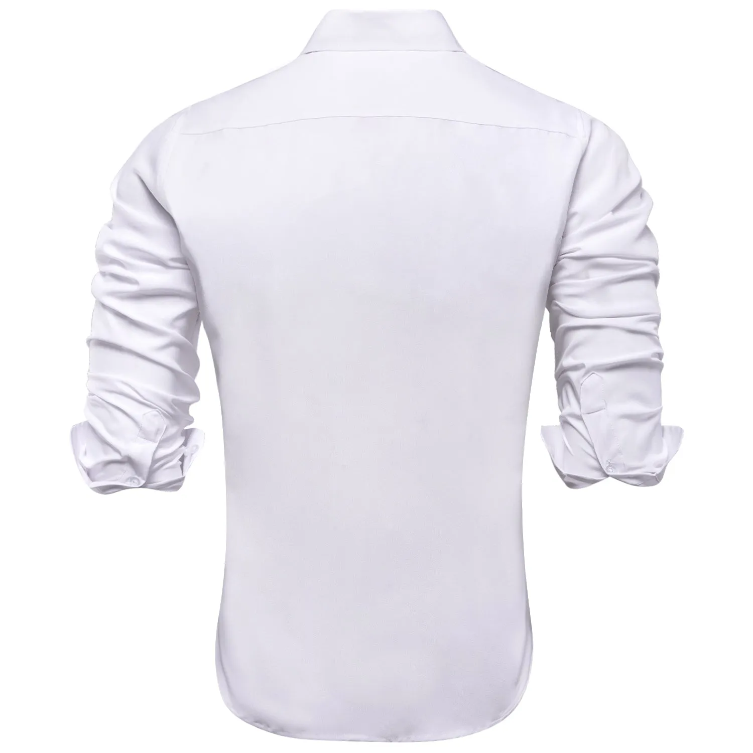 Pure White Solid Cotton Stretchy Fabric Men's Long Sleeve Shirt
