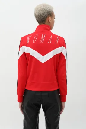 Red Woman Embroidered Zip-Up Track Jacket