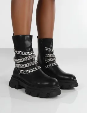 Restrain Black Pu Chain Detail Platform Chunky Sole Ankle Boot