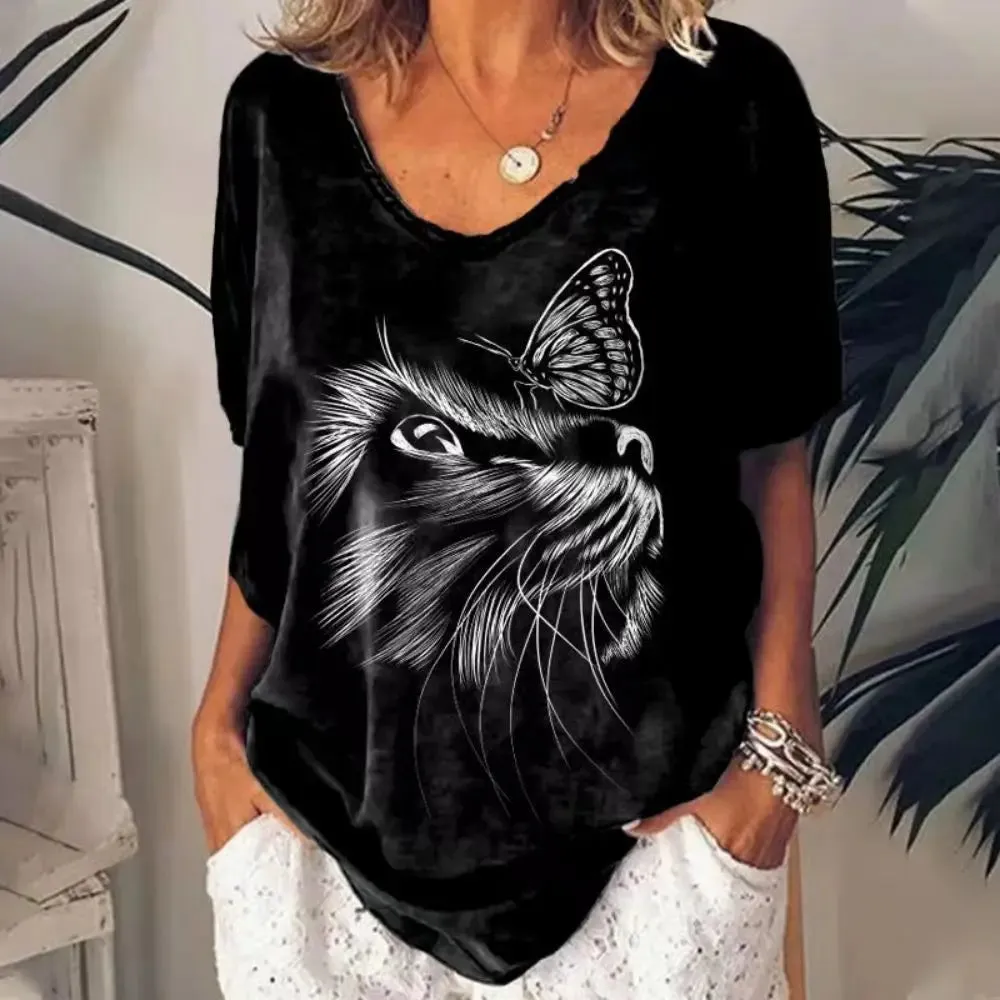 Retro Anime Cat Graphic Women's T-Shirt - Summer Streetwear Chic