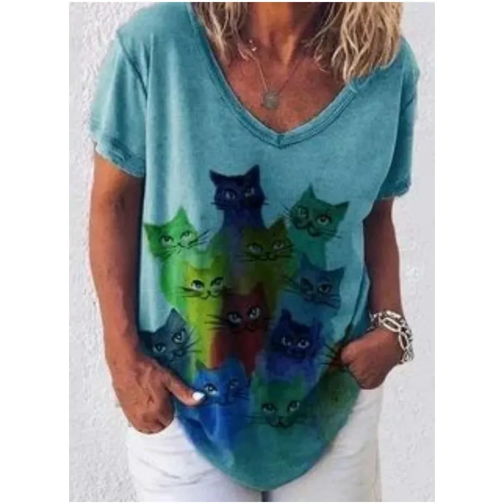 Retro Anime Cat Graphic Women's T-Shirt - Summer Streetwear Chic