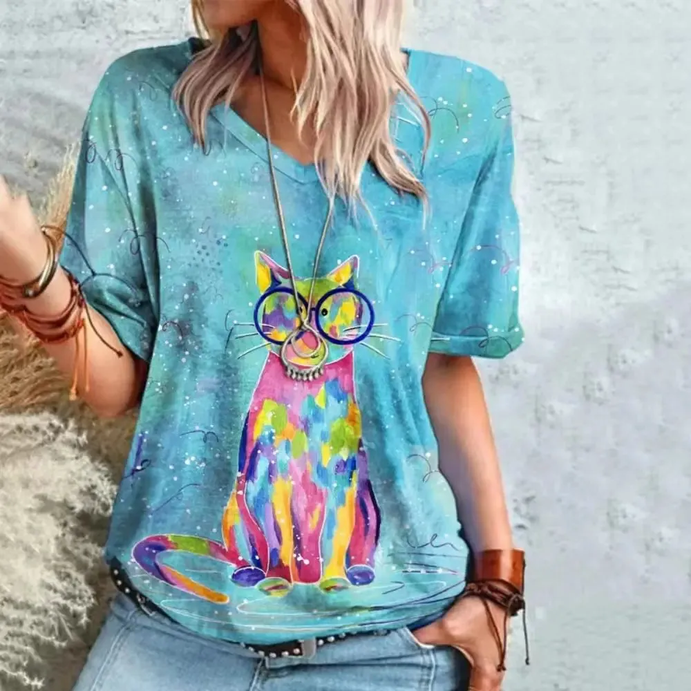 Retro Anime Cat Graphic Women's T-Shirt - Summer Streetwear Chic