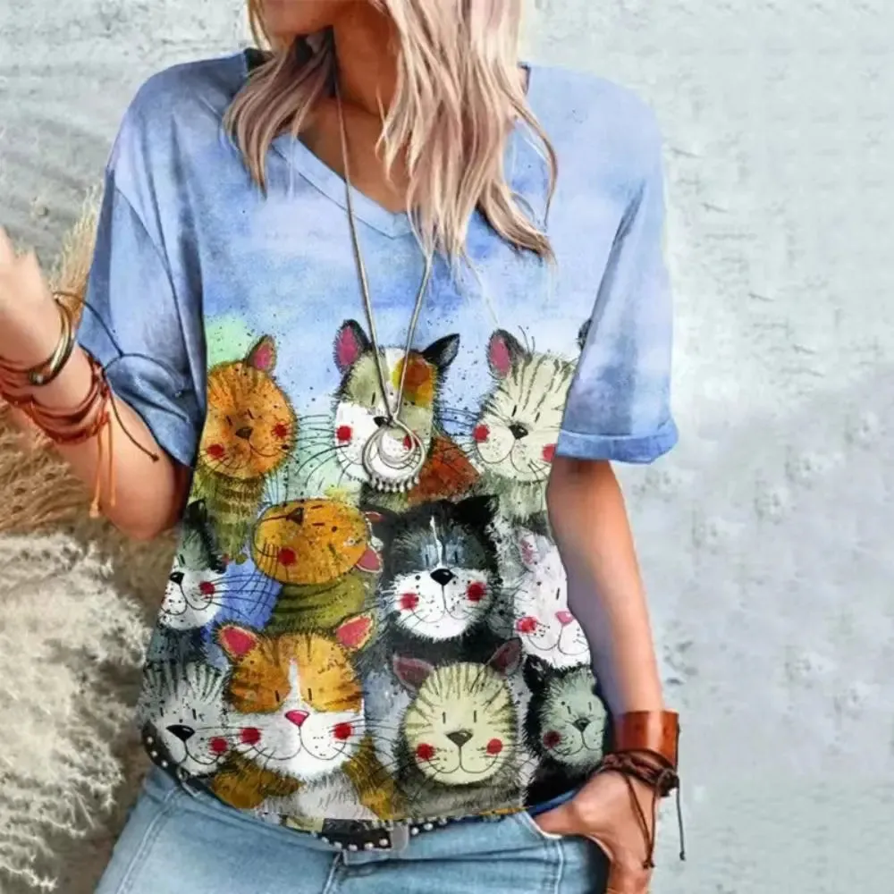 Retro Anime Cat Graphic Women's T-Shirt - Summer Streetwear Chic