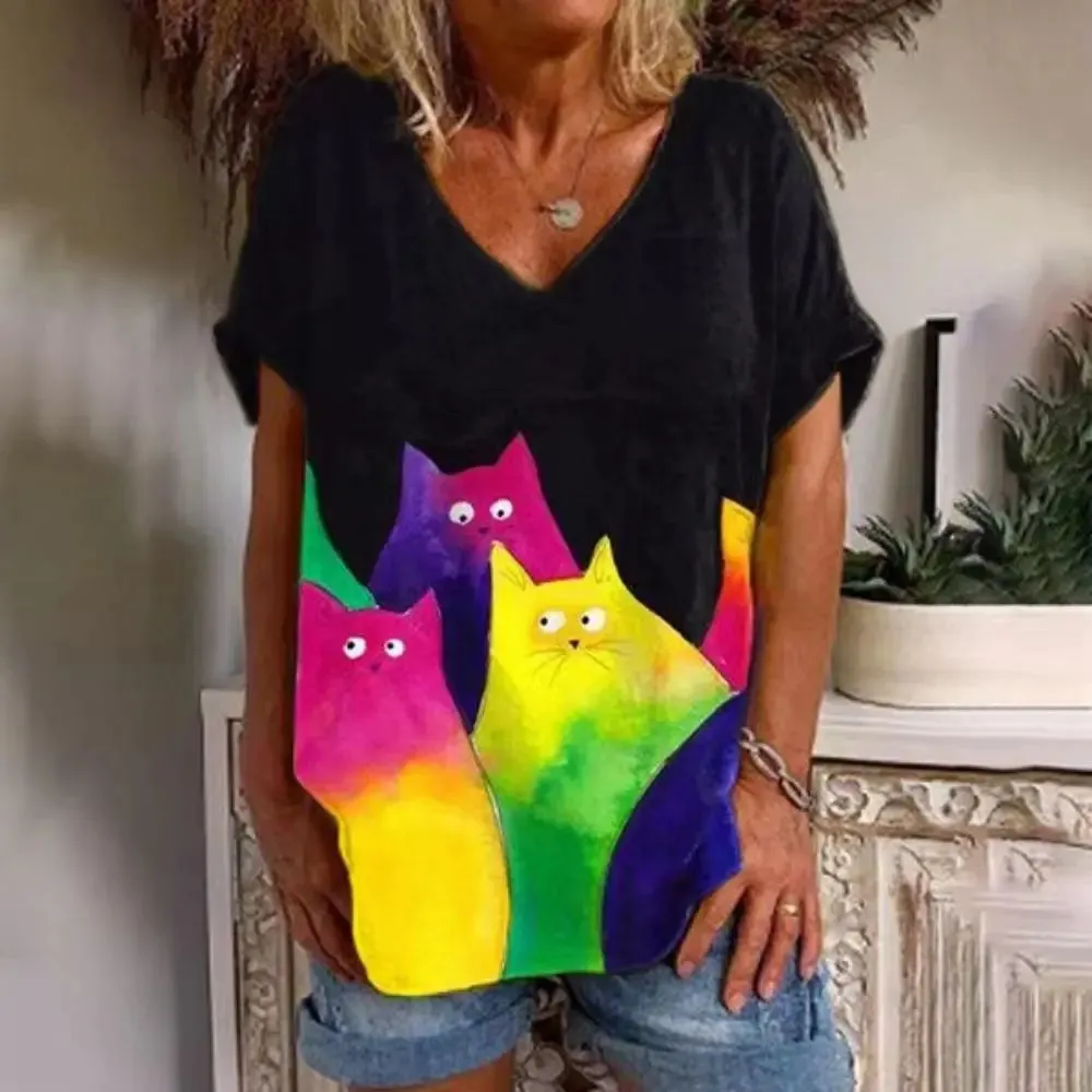 Retro Anime Cat Graphic Women's T-Shirt - Summer Streetwear Chic