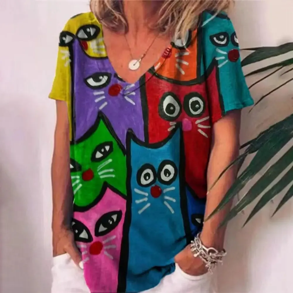 Retro Anime Cat Graphic Women's T-Shirt - Summer Streetwear Chic