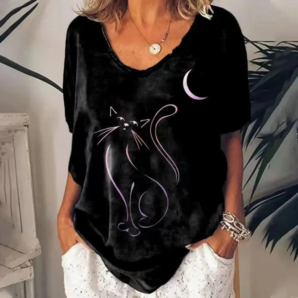 Retro Anime Cat Graphic Women's T-Shirt - Summer Streetwear Chic