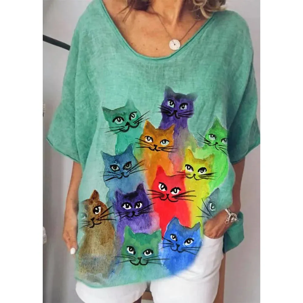 Retro Anime Cat Graphic Women's T-Shirt - Summer Streetwear Chic