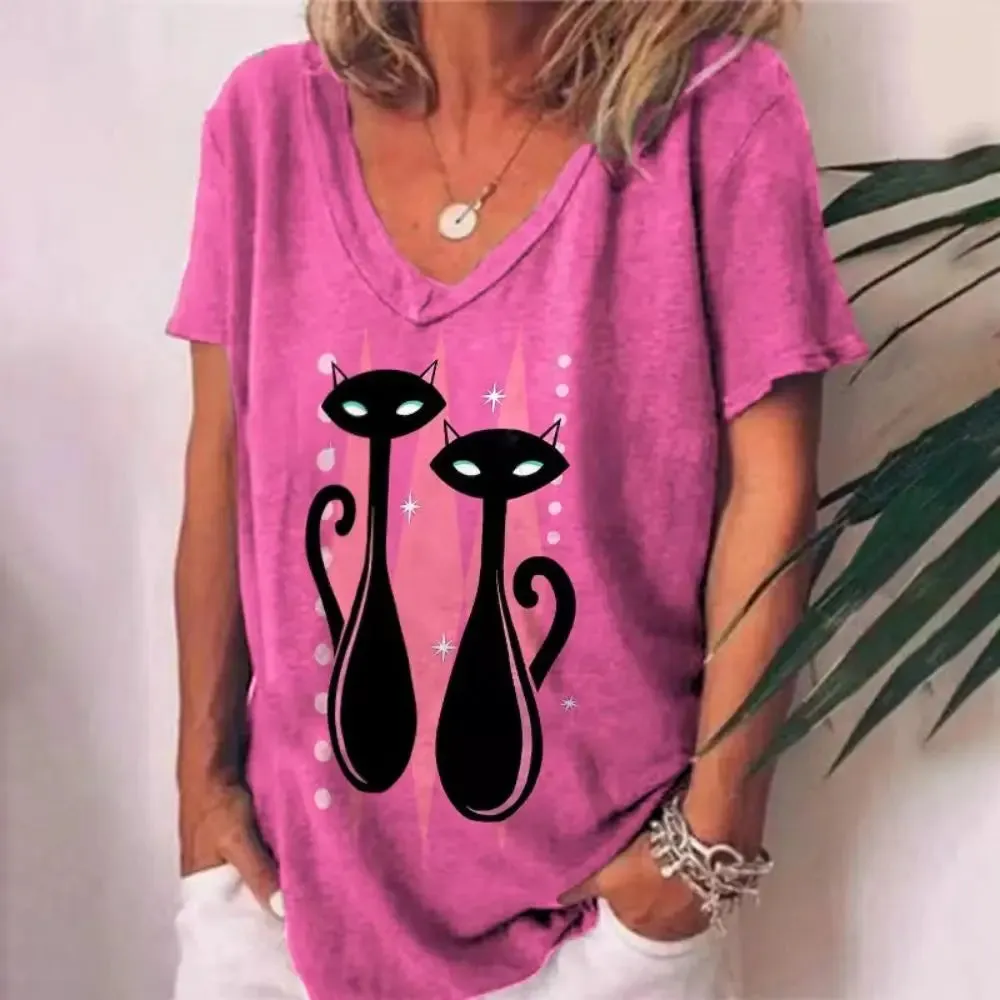 Retro Anime Cat Graphic Women's T-Shirt - Summer Streetwear Chic