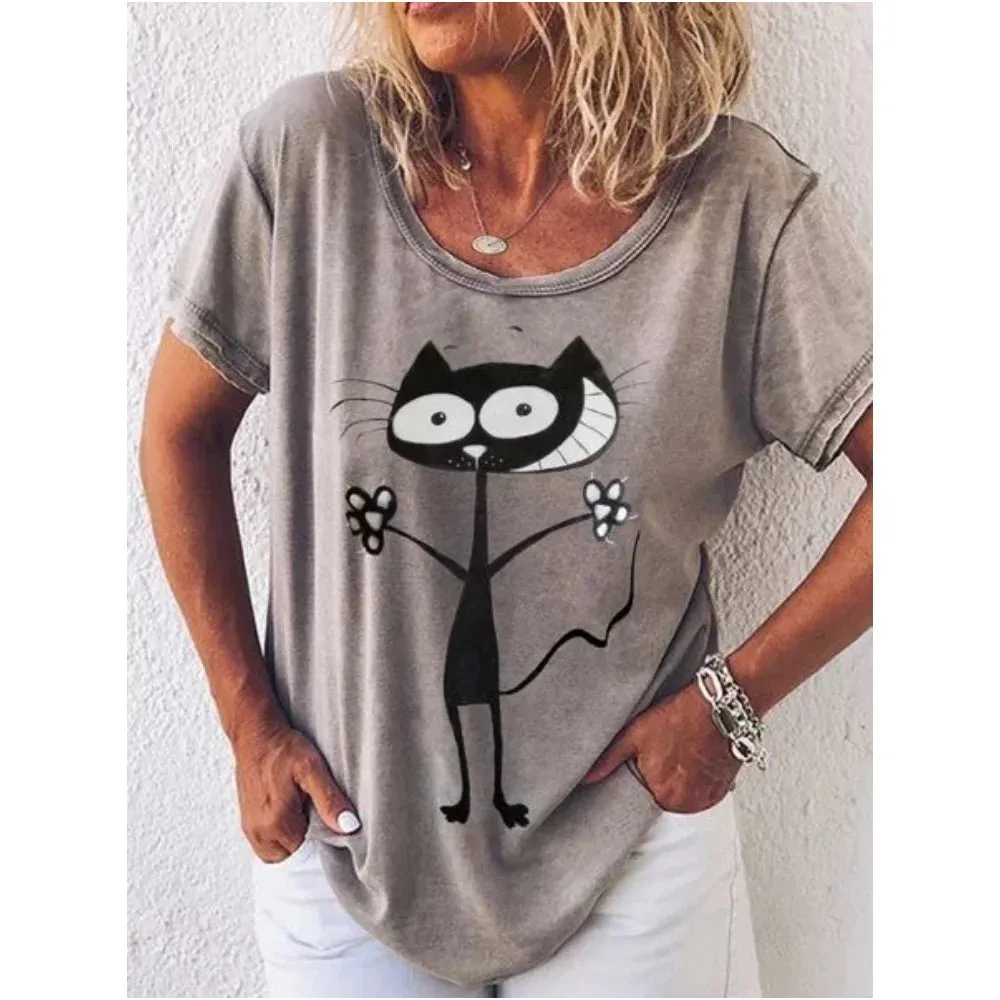 Retro Anime Cat Graphic Women's T-Shirt - Summer Streetwear Chic