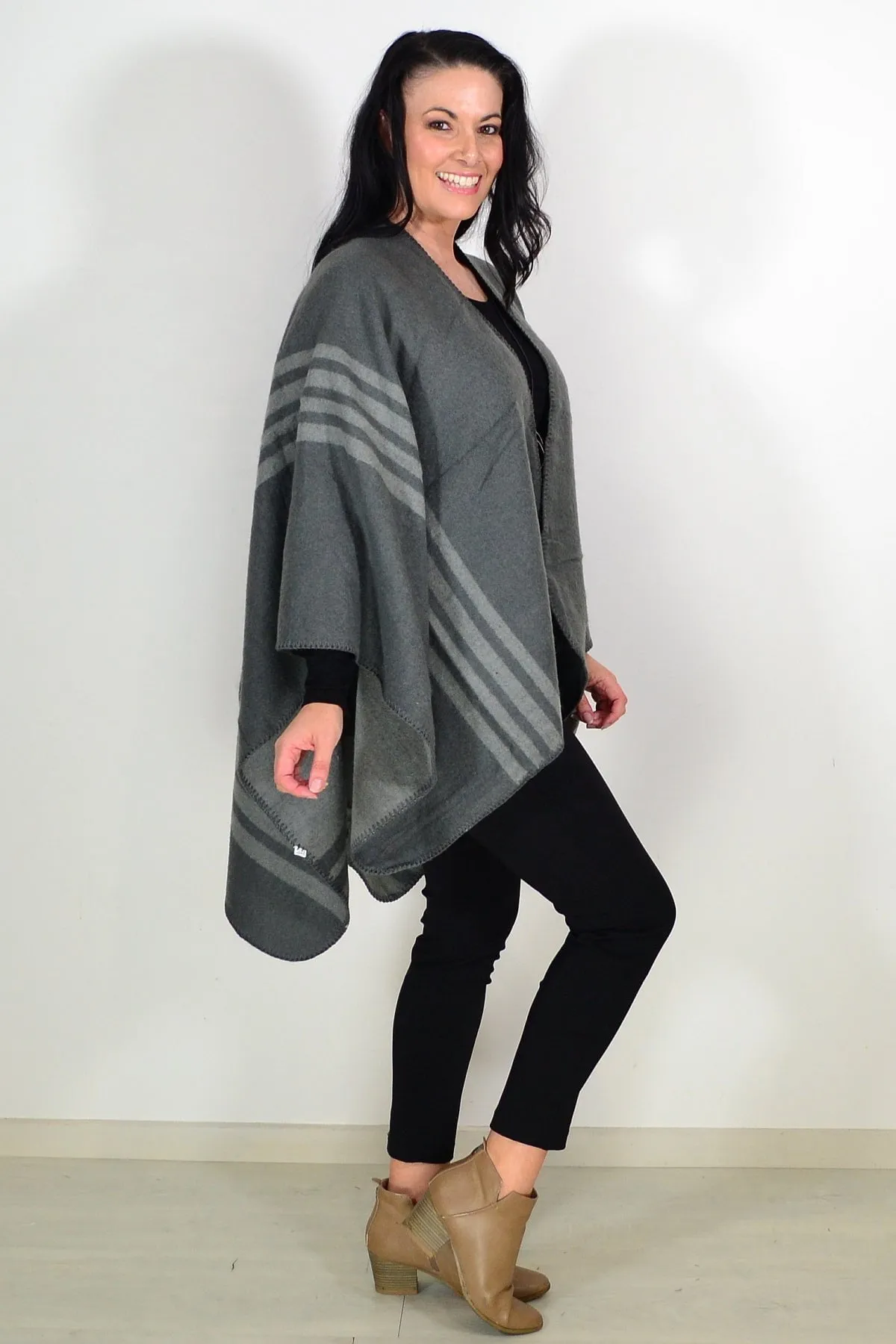 Reversible Grey Striped Wool Blend Wrap