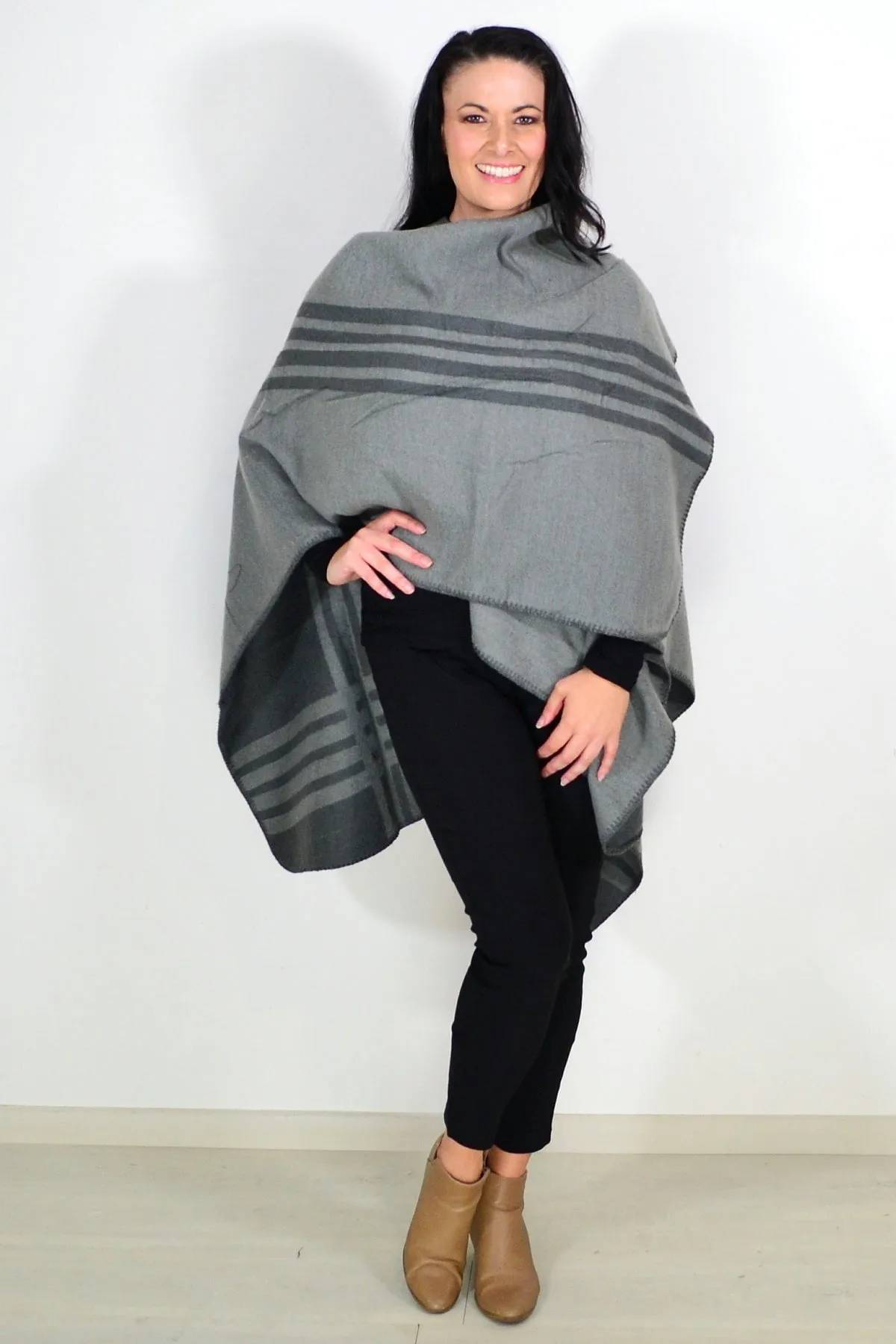 Reversible Grey Striped Wool Blend Wrap