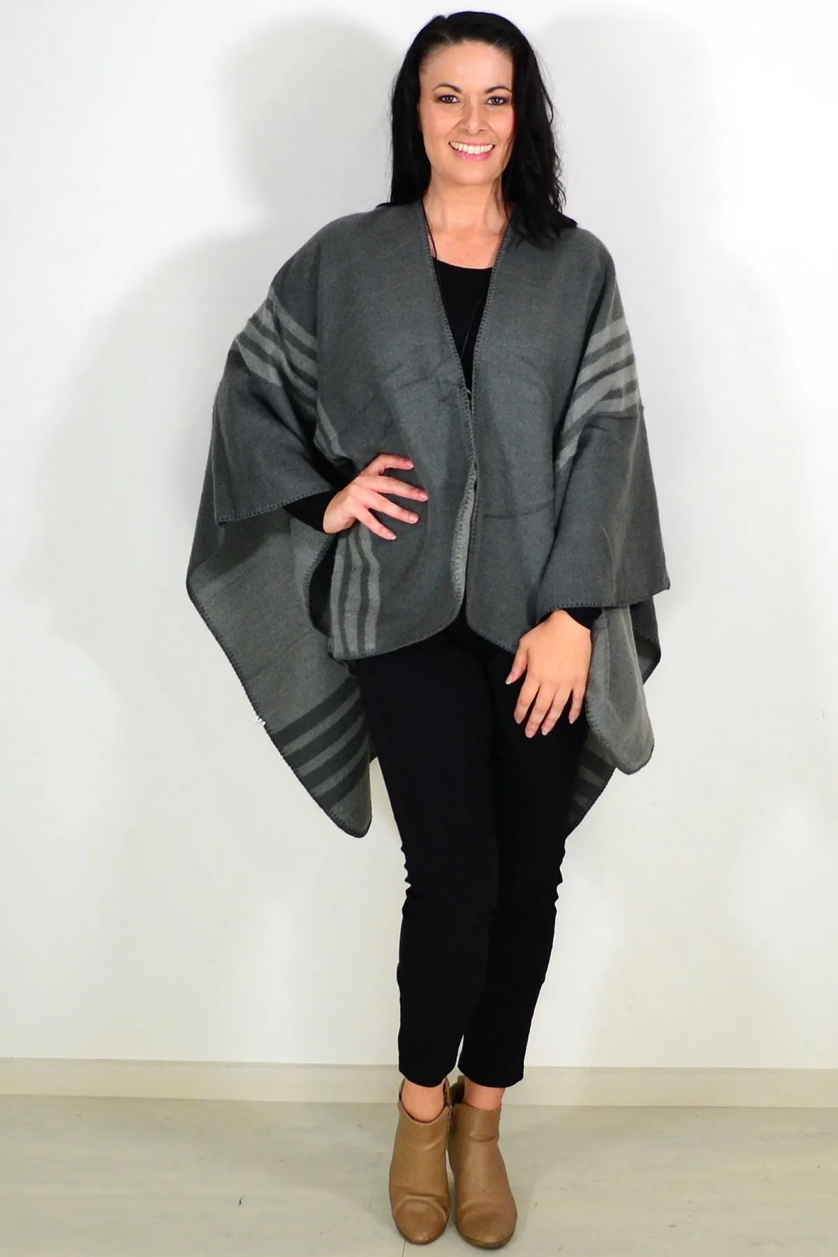Reversible Grey Striped Wool Blend Wrap