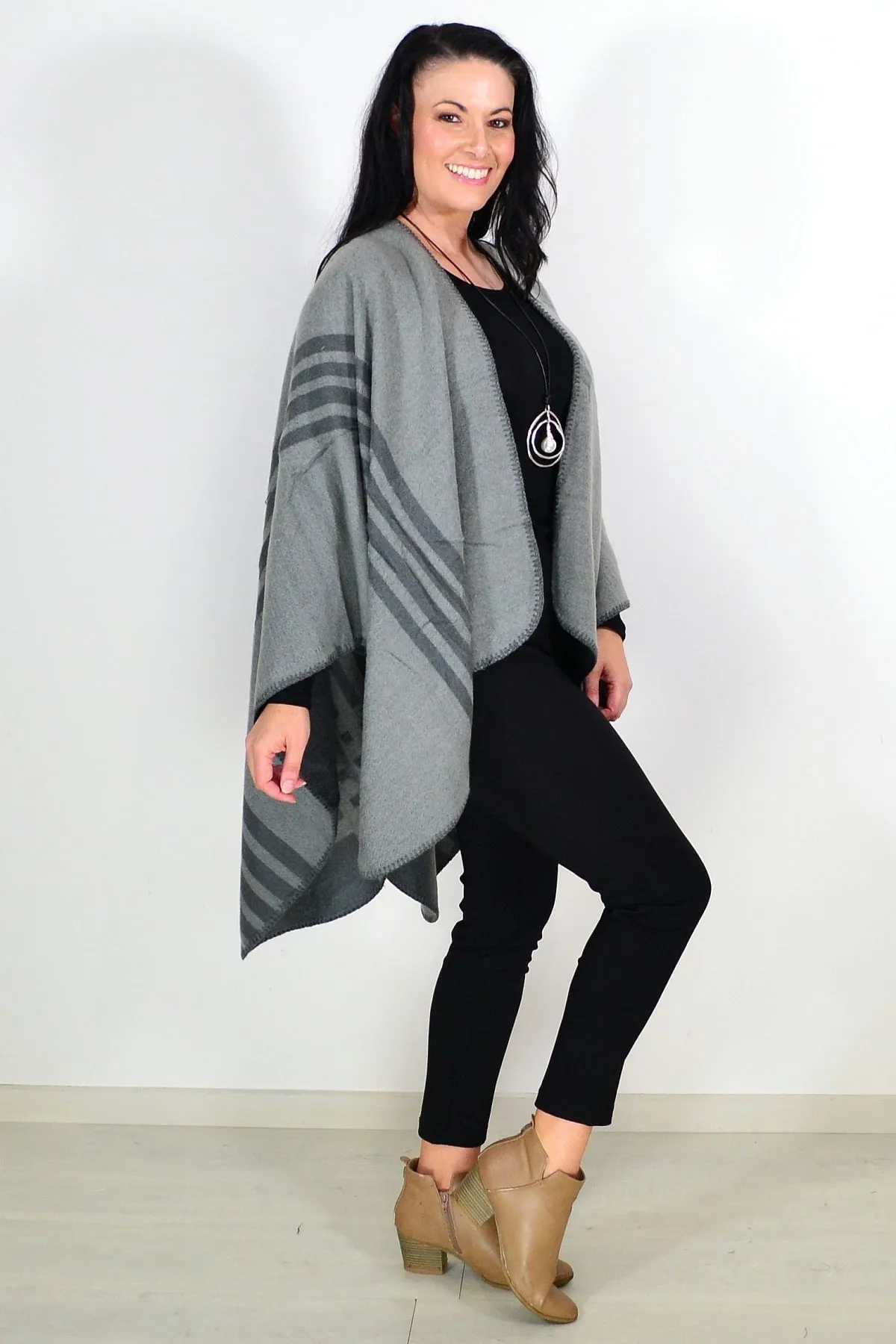 Reversible Grey Striped Wool Blend Wrap