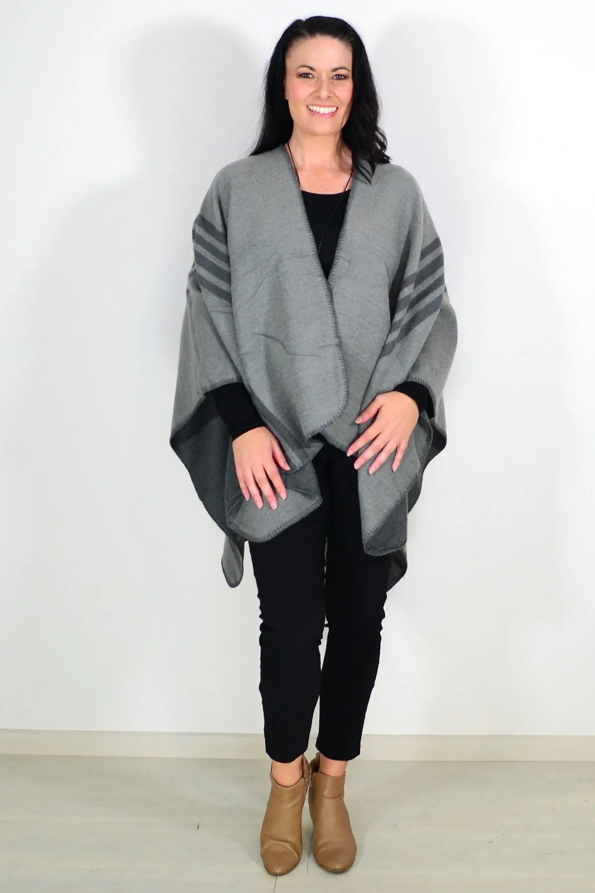 Reversible Grey Striped Wool Blend Wrap