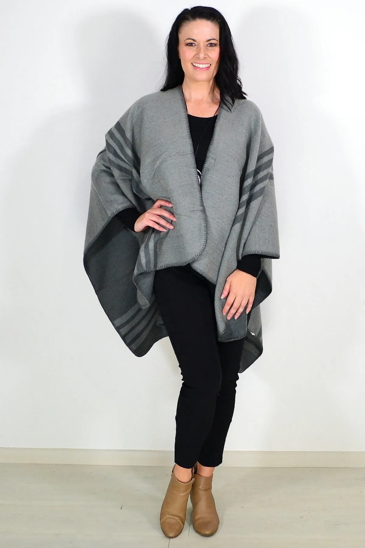 Reversible Grey Striped Wool Blend Wrap