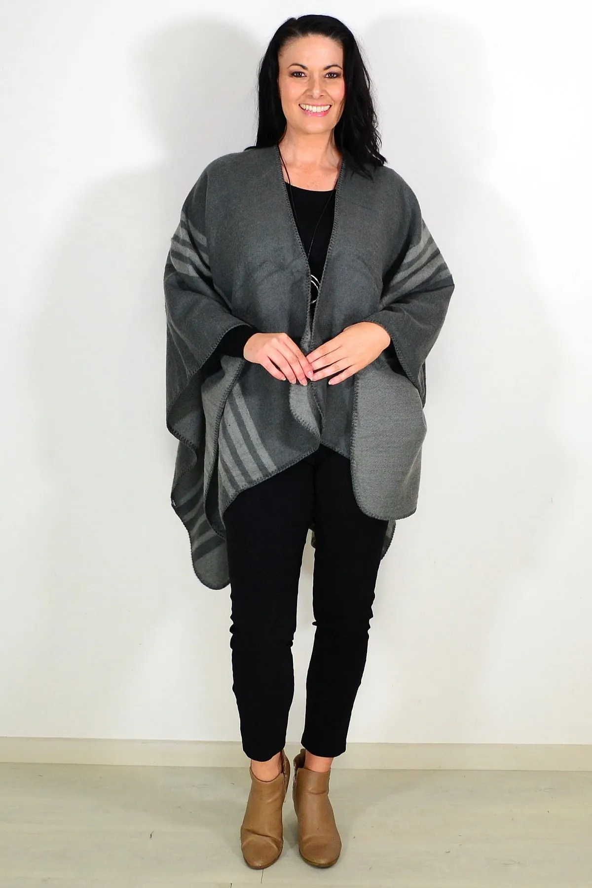 Reversible Grey Striped Wool Blend Wrap