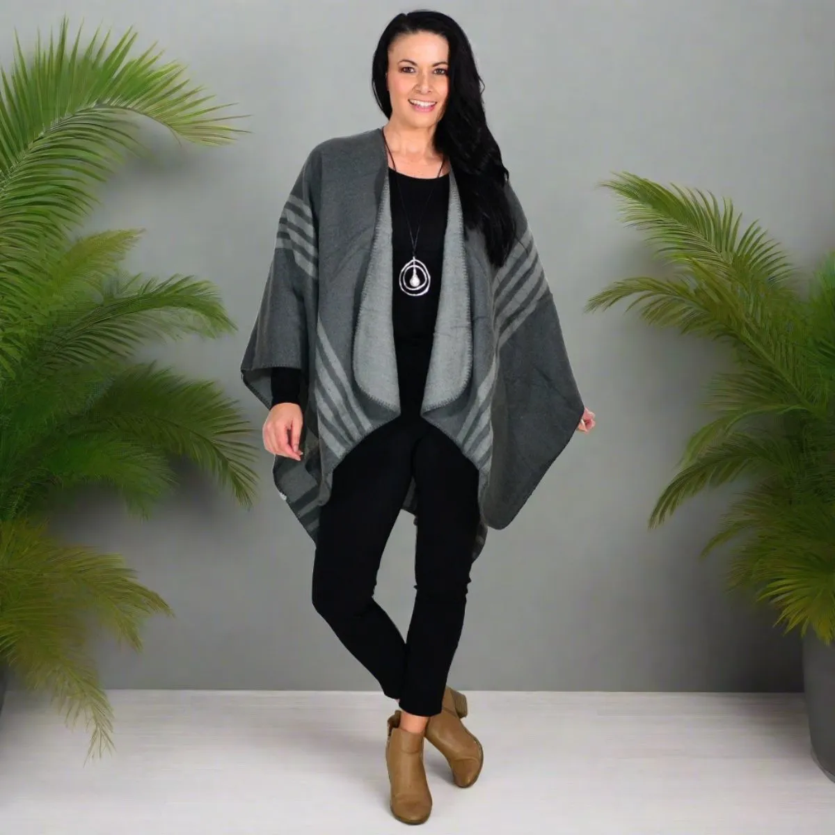 Reversible Grey Striped Wool Blend Wrap