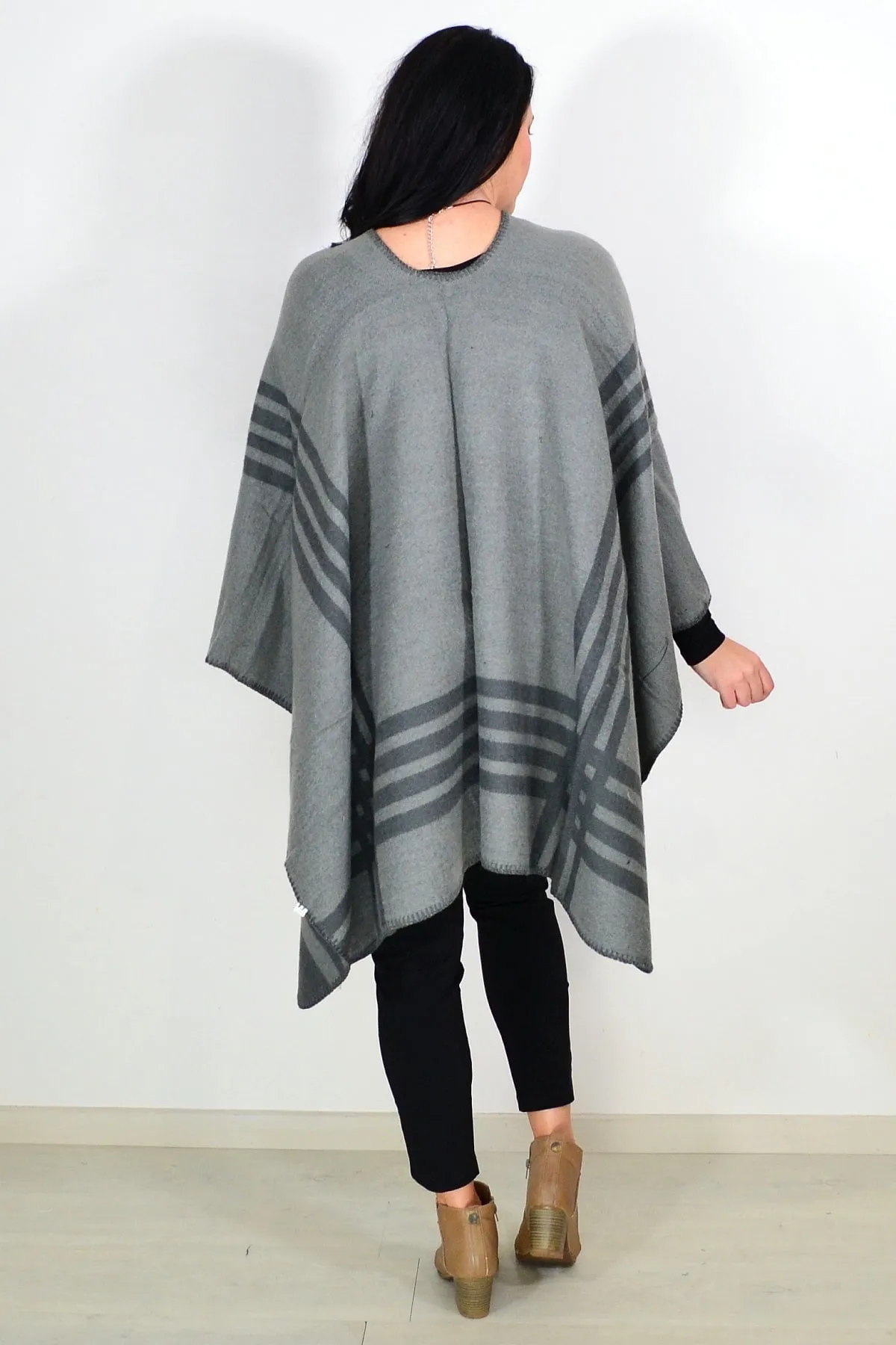Reversible Grey Striped Wool Blend Wrap