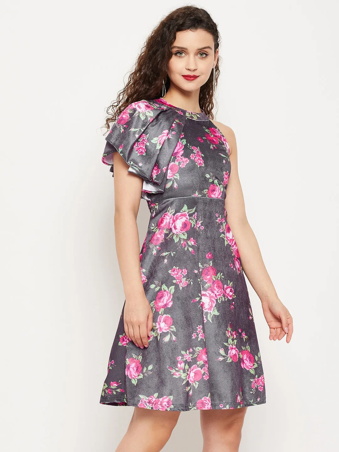 Ruffle Detail Stretchable Velvet Skater Dress
