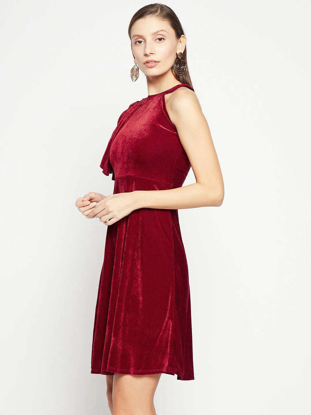 Ruffle Detail Stretchable Velvet Skater Dress