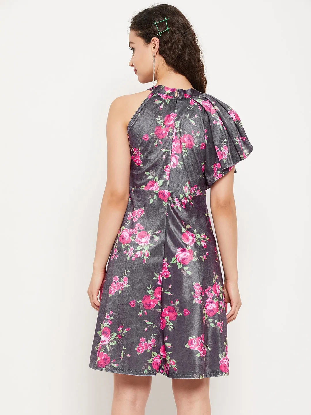 Ruffle Detail Stretchable Velvet Skater Dress