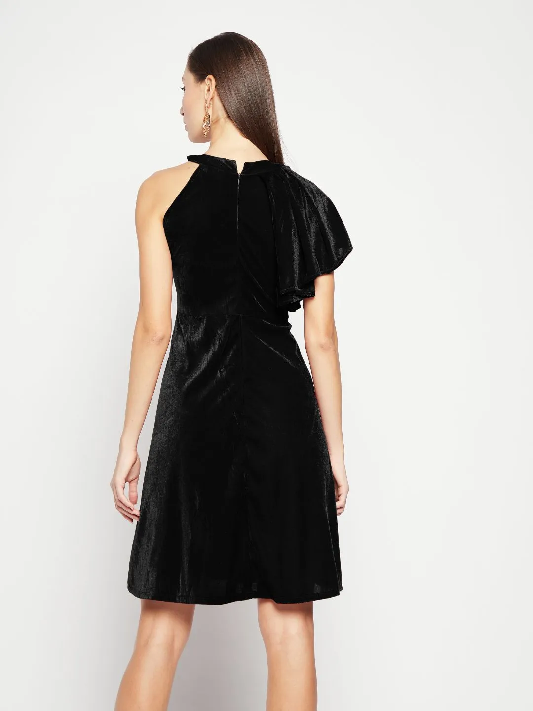 Ruffle Detail Stretchable Velvet Skater Dress