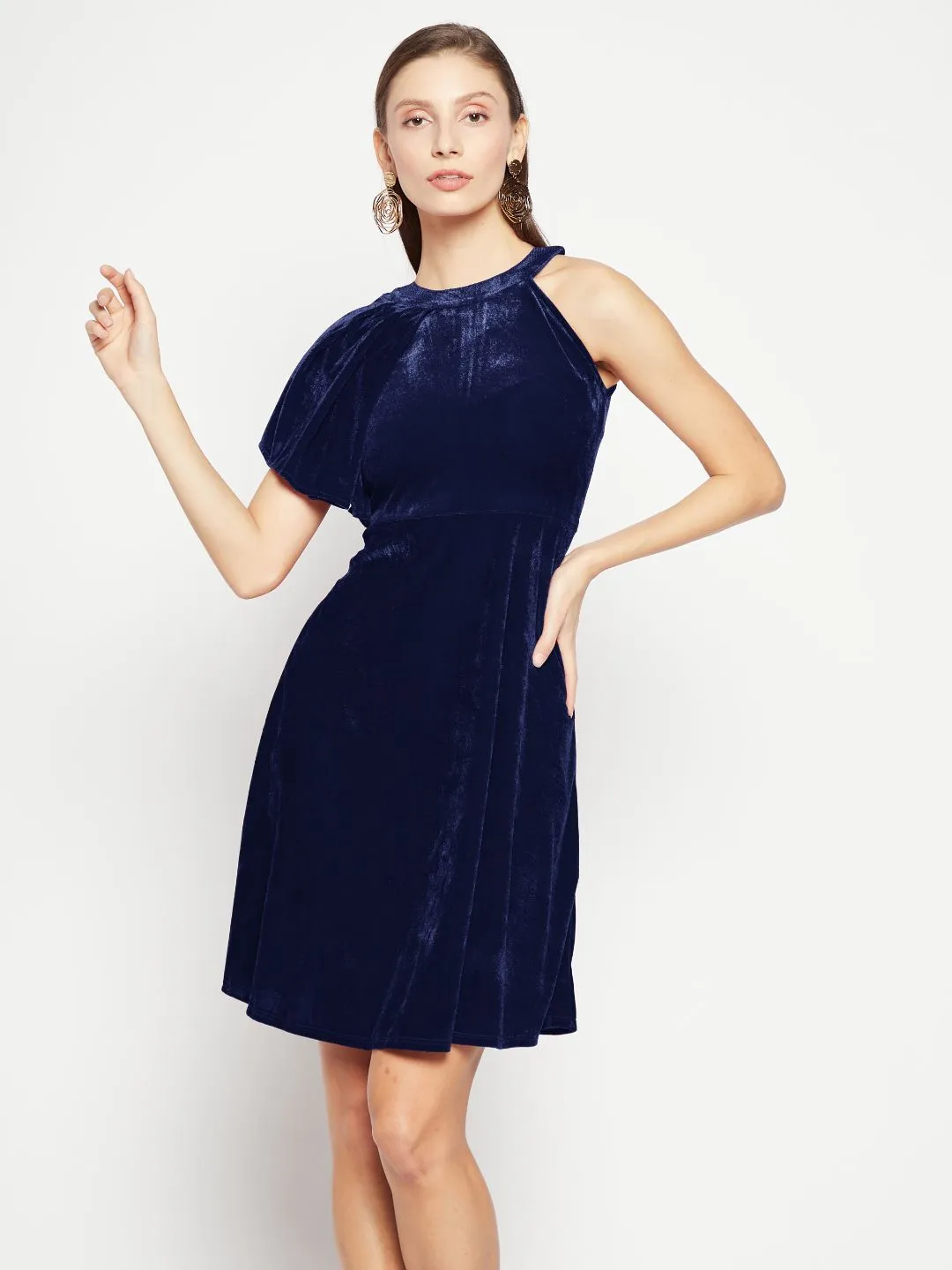 Ruffle Detail Stretchable Velvet Skater Dress