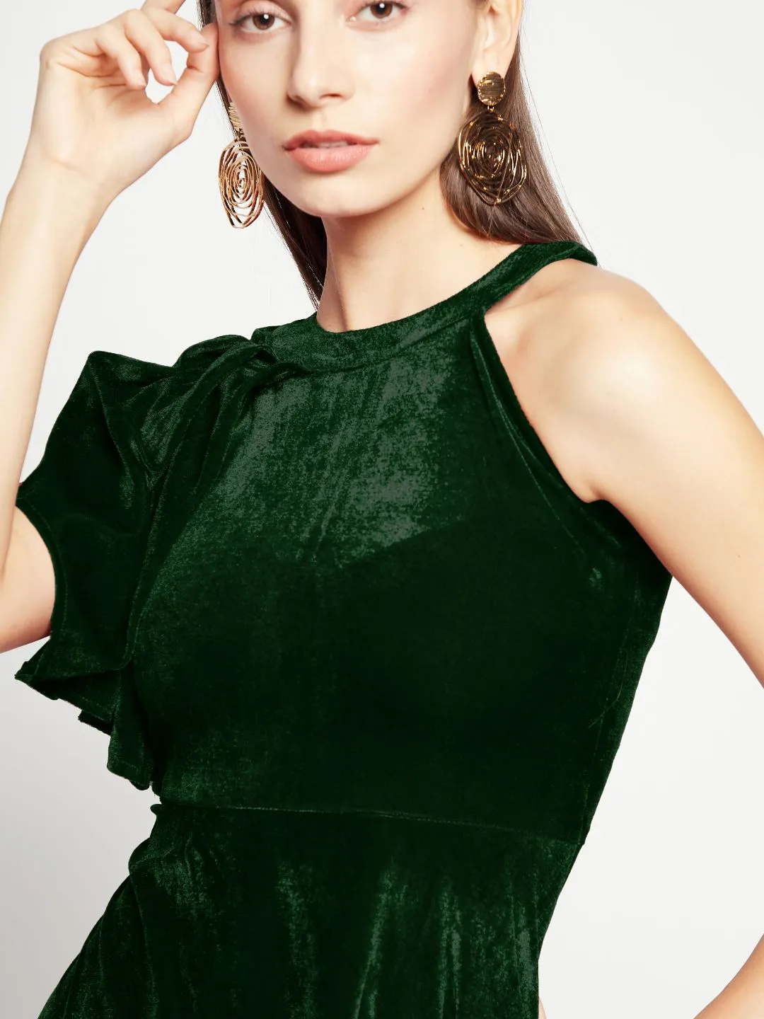 Ruffle Detail Stretchable Velvet Skater Dress