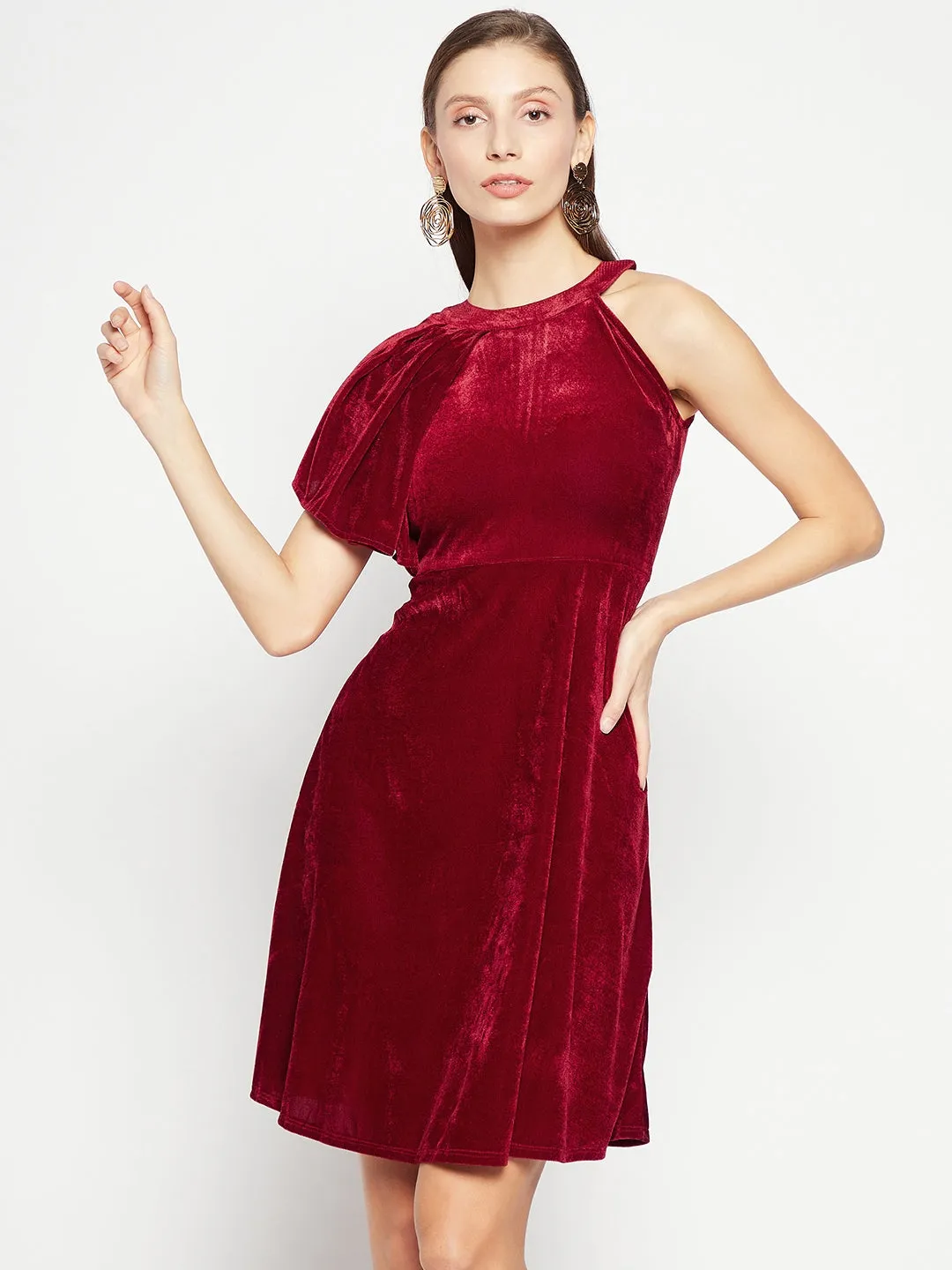 Ruffle Detail Stretchable Velvet Skater Dress