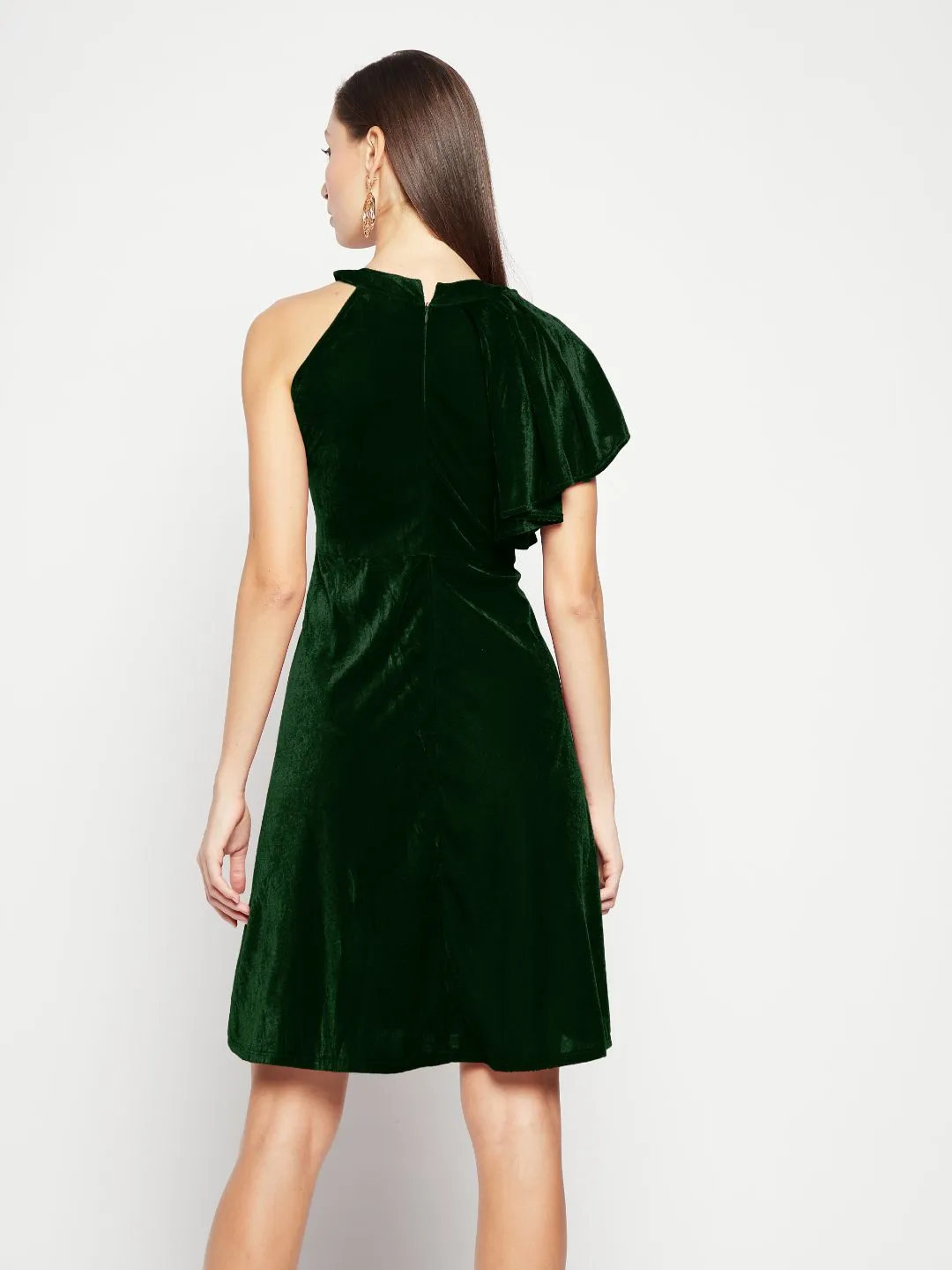Ruffle Detail Stretchable Velvet Skater Dress