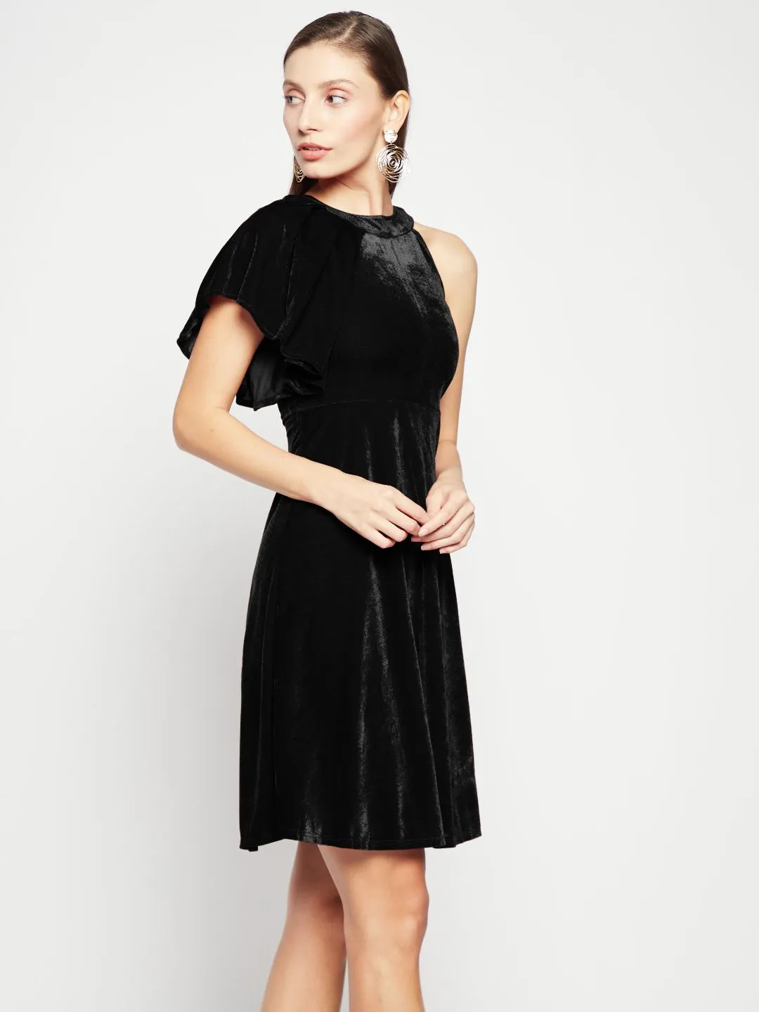Ruffle Detail Stretchable Velvet Skater Dress