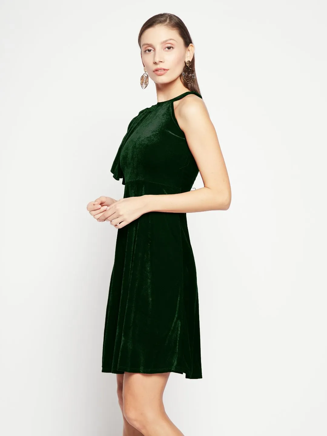 Ruffle Detail Stretchable Velvet Skater Dress