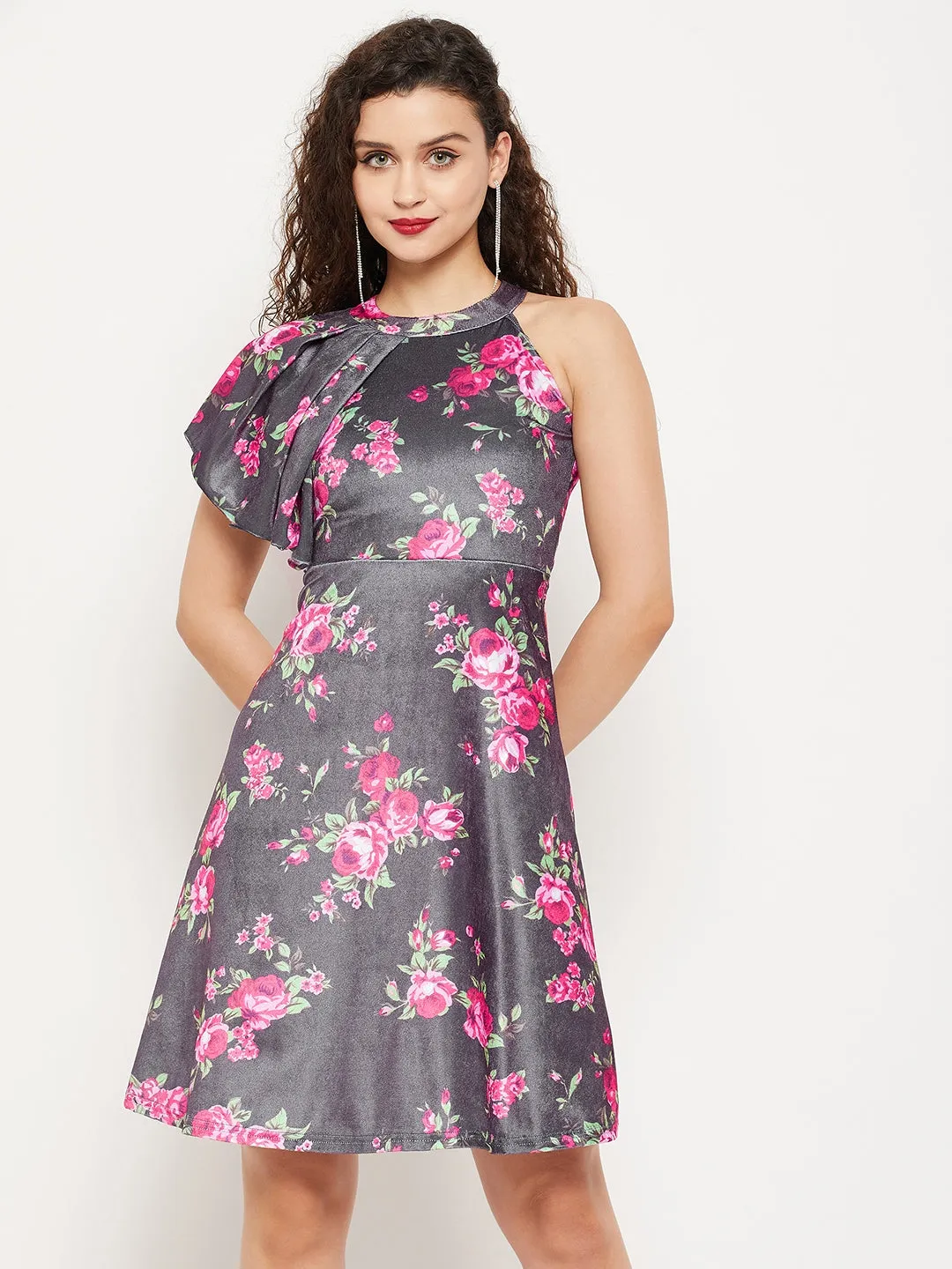 Ruffle Detail Stretchable Velvet Skater Dress
