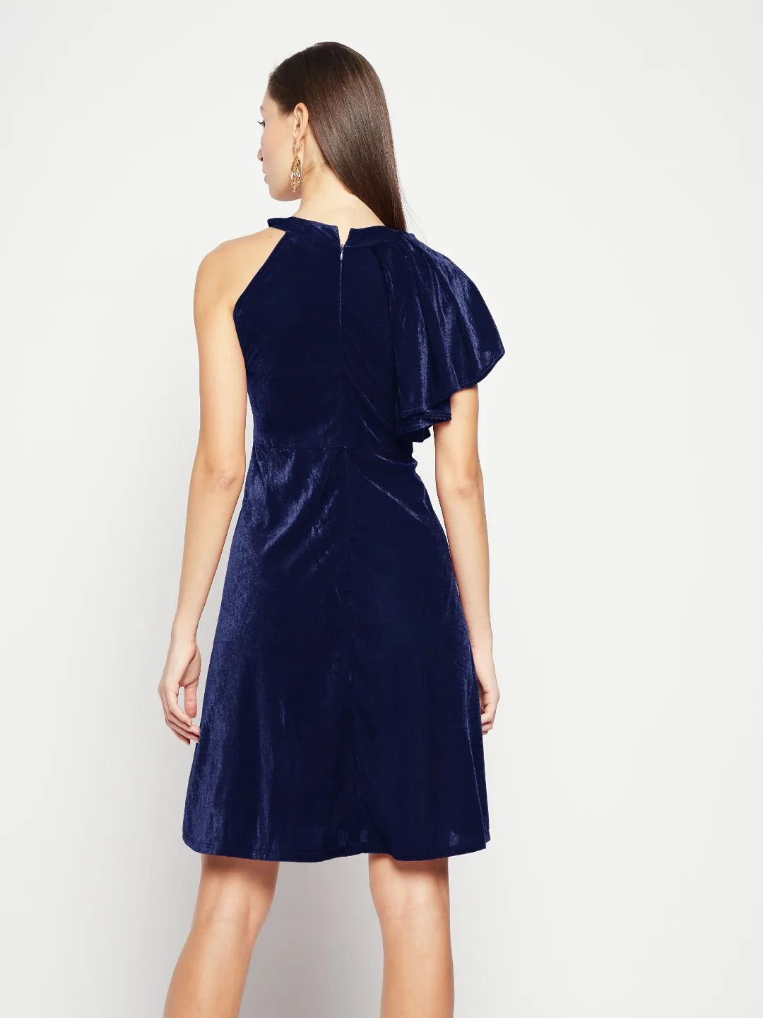 Ruffle Detail Stretchable Velvet Skater Dress