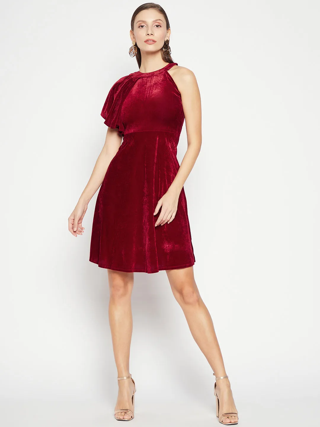 Ruffle Detail Stretchable Velvet Skater Dress