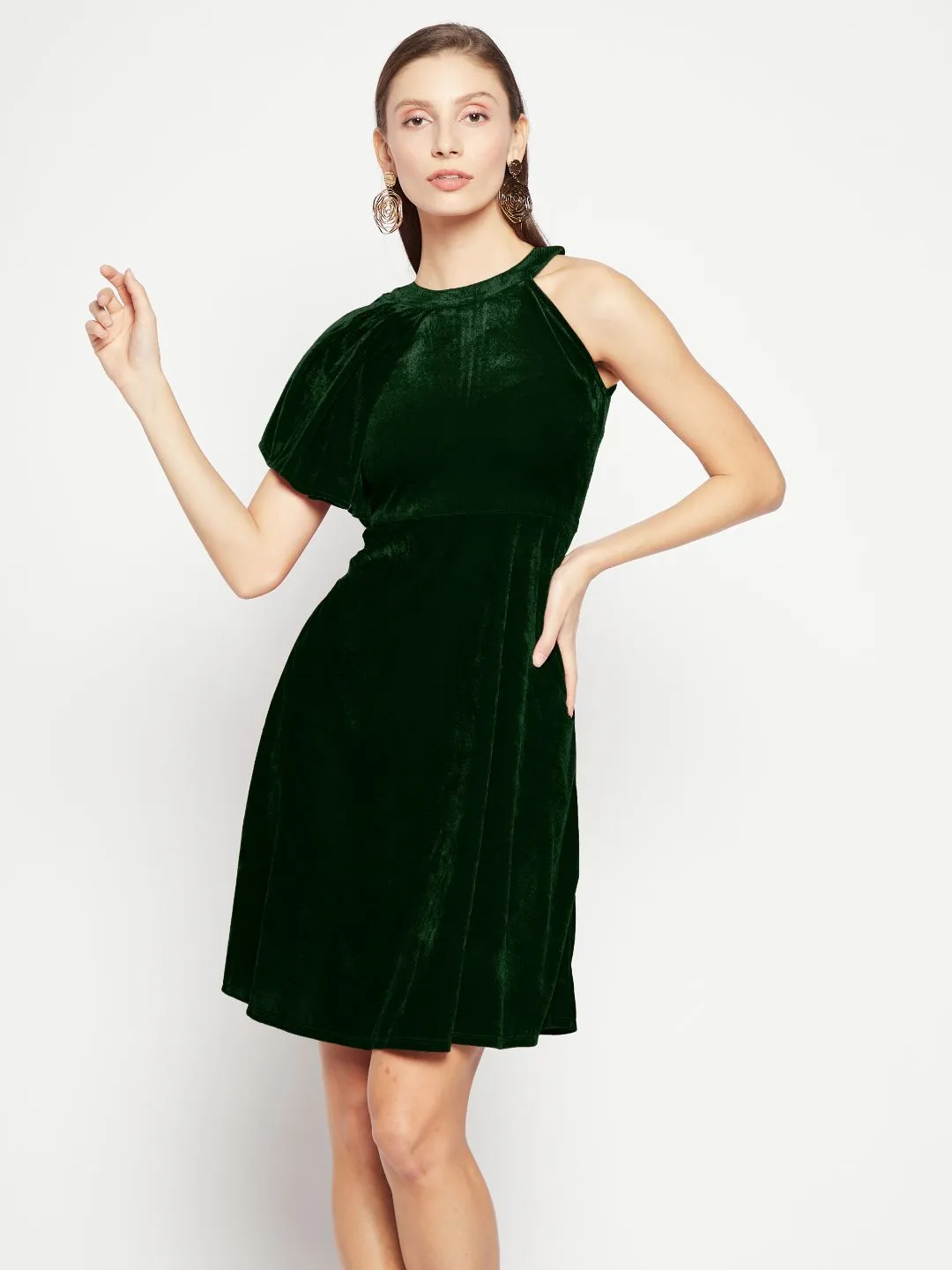 Ruffle Detail Stretchable Velvet Skater Dress