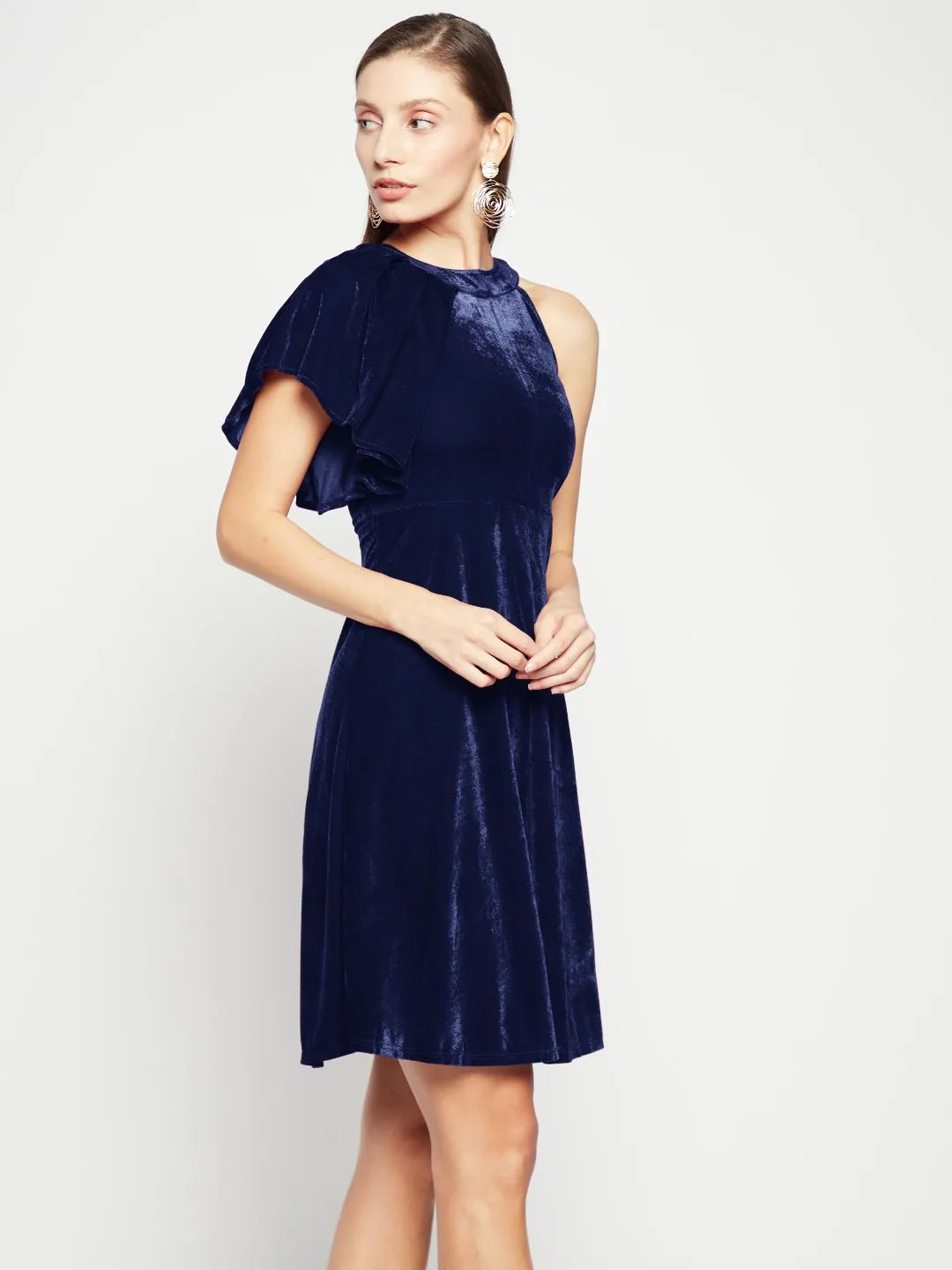 Ruffle Detail Stretchable Velvet Skater Dress