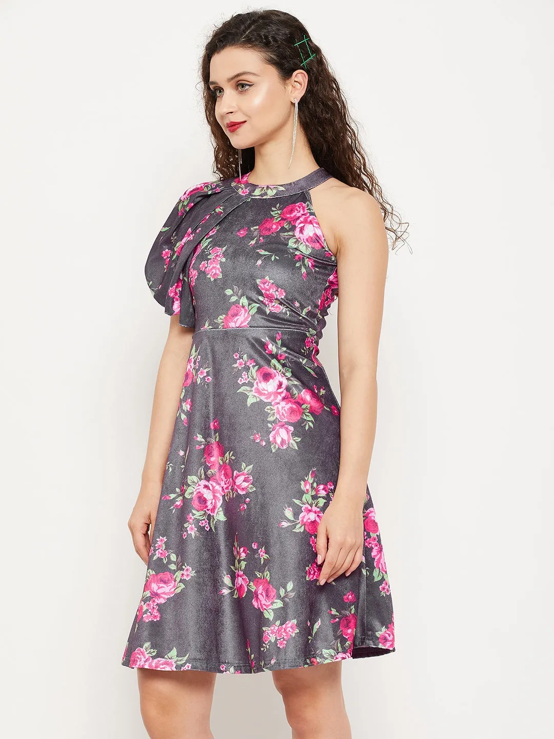 Ruffle Detail Stretchable Velvet Skater Dress