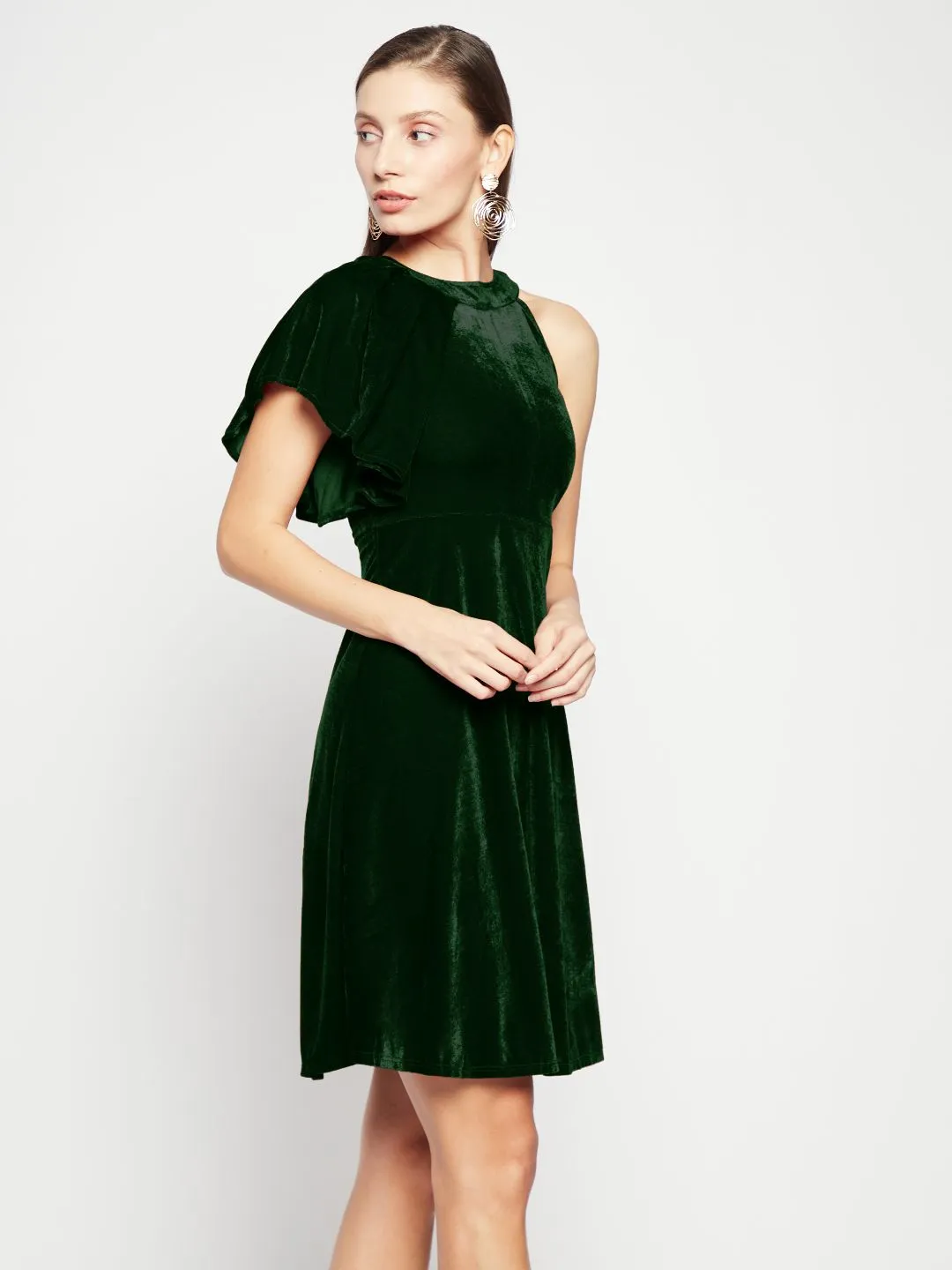 Ruffle Detail Stretchable Velvet Skater Dress
