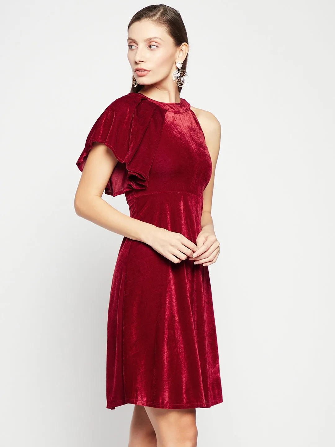 Ruffle Detail Stretchable Velvet Skater Dress