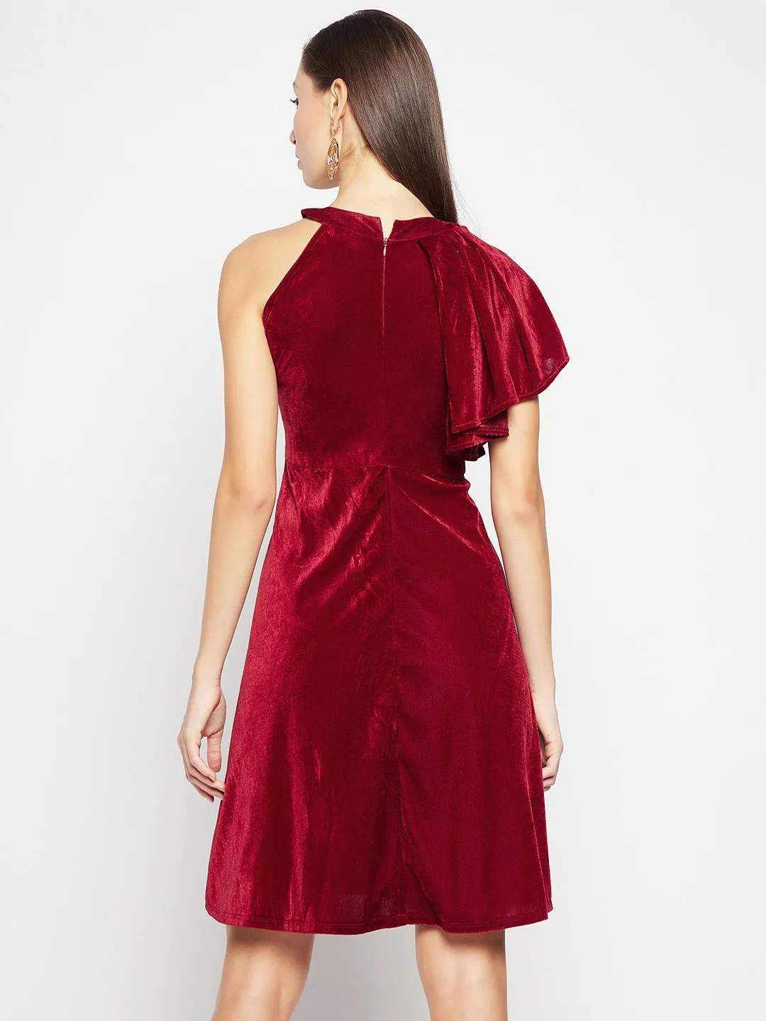 Ruffle Detail Stretchable Velvet Skater Dress