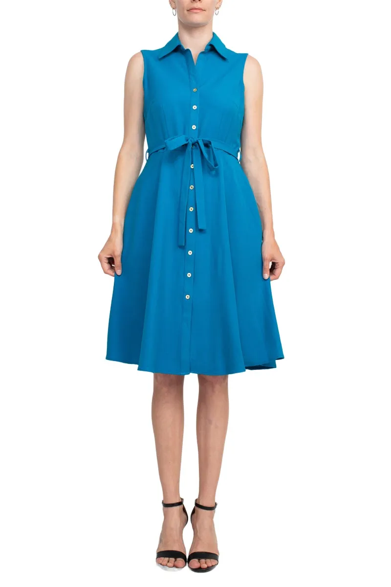 Sharagano Rayon Sleeveless Button Down Collar Shirt Dress With Pockets
