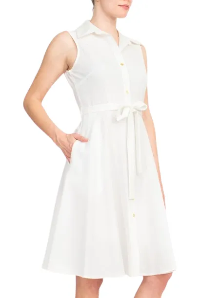 Sharagano Rayon Sleeveless Button Down Collar Shirt Dress With Pockets