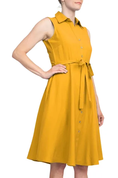 Sharagano Rayon Sleeveless Button Down Collar Shirt Dress With Pockets