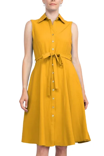 Sharagano Rayon Sleeveless Button Down Collar Shirt Dress With Pockets