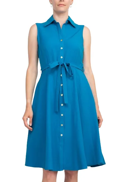 Sharagano Rayon Sleeveless Button Down Collar Shirt Dress With Pockets