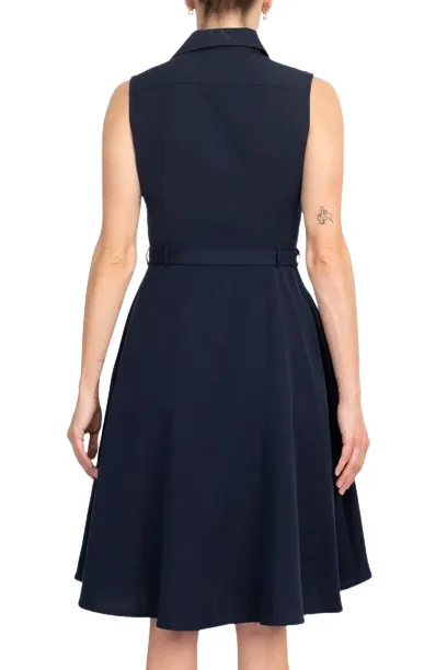 Sharagano Rayon Sleeveless Button Down Collar Shirt Dress With Pockets