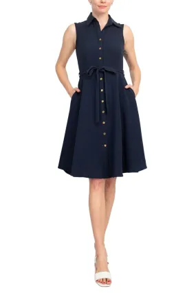Sharagano Rayon Sleeveless Button Down Collar Shirt Dress With Pockets
