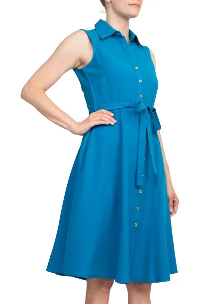 Sharagano Rayon Sleeveless Button Down Collar Shirt Dress With Pockets