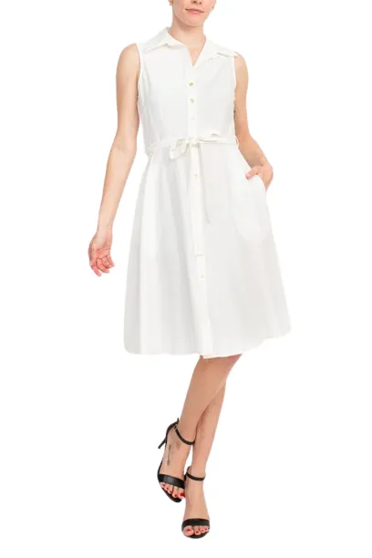 Sharagano Rayon Sleeveless Button Down Collar Shirt Dress With Pockets
